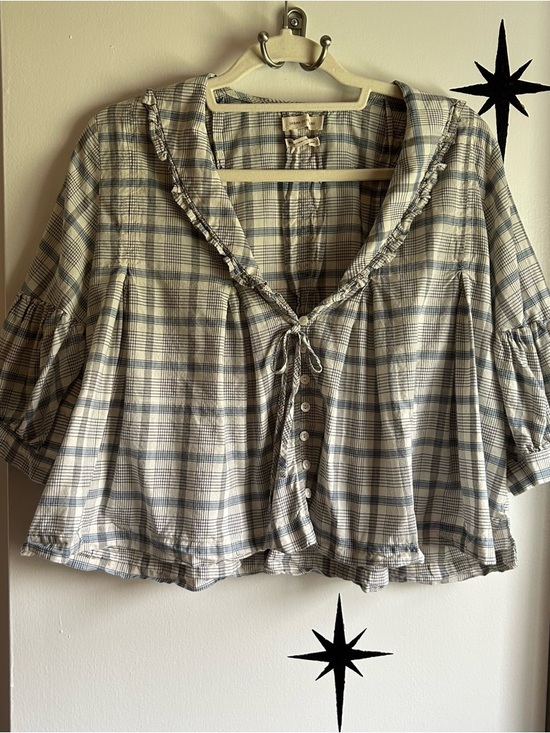 Urban Outfitters Tops - Urban Outfitters Boho Plaid Peasant Blouse - Cream & Blue